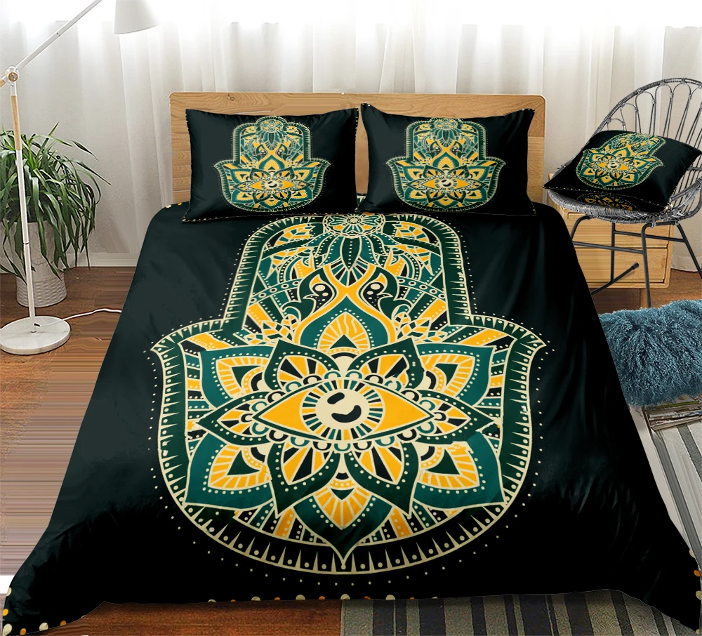 Hamsa Hand Bedding Set Bohemian Duvet Cover Set Fatima of Hand Bed Linen Colourful Boho Bedclothes Floral Lucky Hand Bed Set