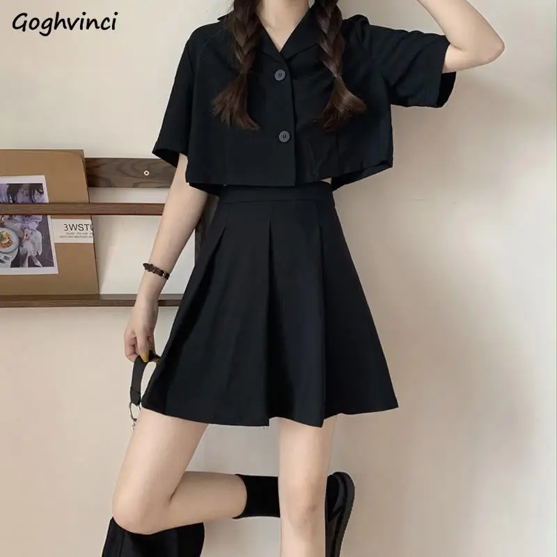 Sets Women Cropped Shirts Single Breasted Mini Skirts High Waist Solid Leisure Harajuku Ulzzang Streetwear Stylish Womens Daily