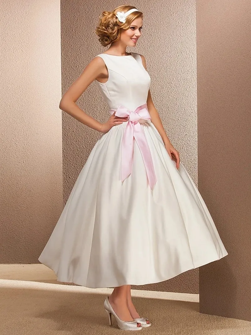 

Simple A-Line Summer Wedding Dresses Bateau Neck Tea Length Satin Bridal Gowns Pink Sash Robe De Mariage