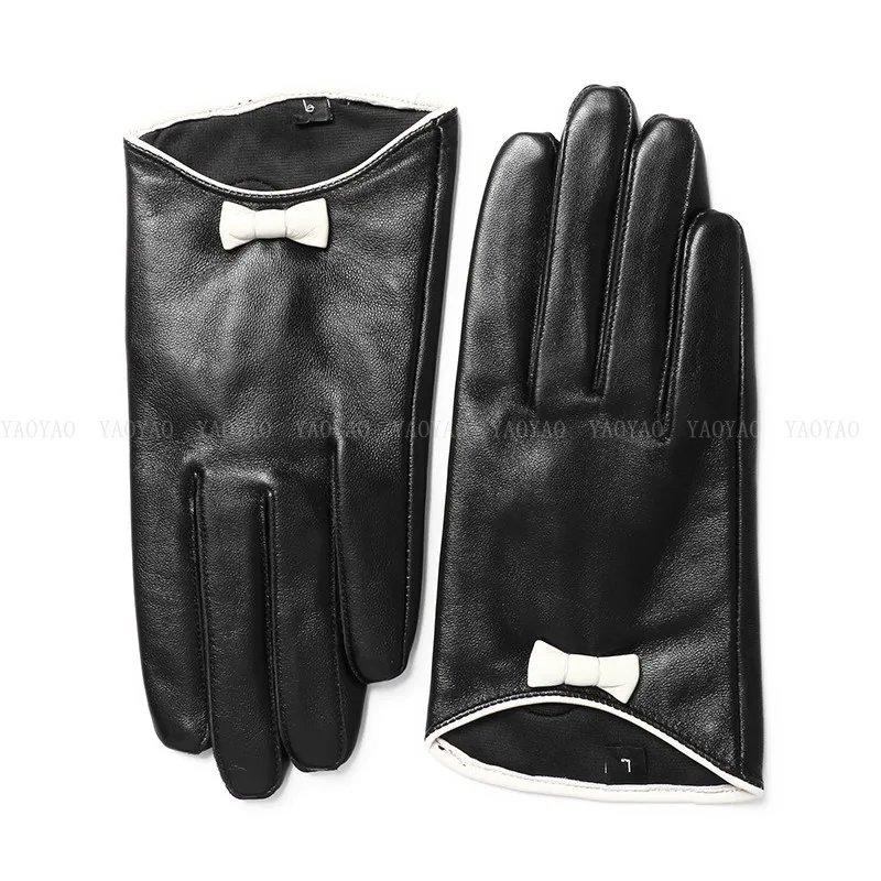 

YY5392 Classic Women Fall Winter Genuine Leather Short Gloves Famale White Bowknot Black Patchwork Thin Eldiven Guantes Mujer