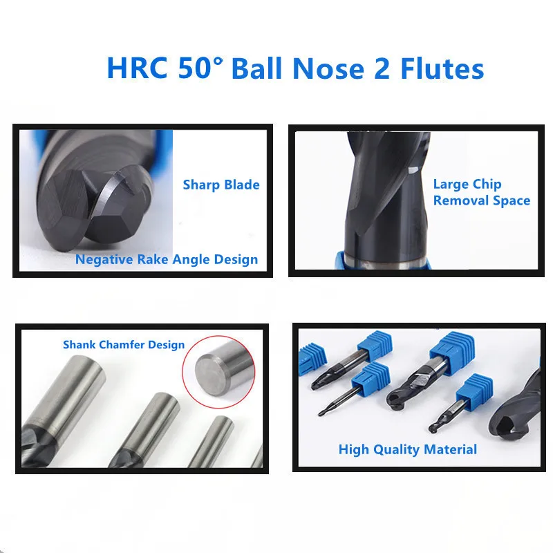 Milling Cutter HRC 50° 2 Flutes Ball Nose End Mill Tungsten Carbide Steel Milling Tools R0.5mm - R10.0mm Cutting Router SANAI