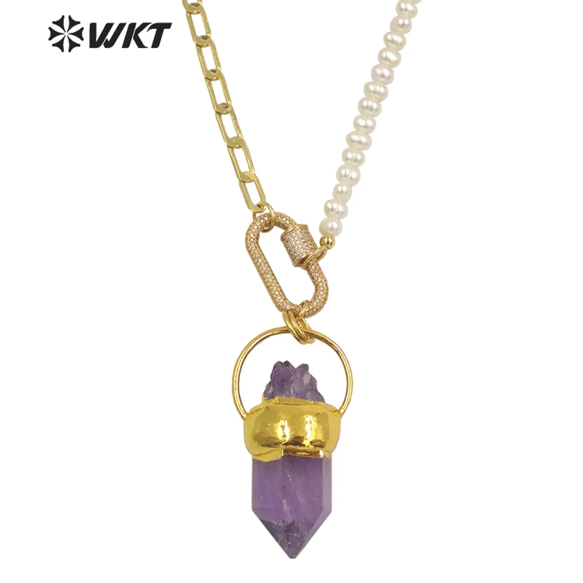 

WT-N1303 Wholesale Gold Plated Gorgeous Natural Amethysts Stone Necklace In 16 Inch Women Pearl Chain Decorative