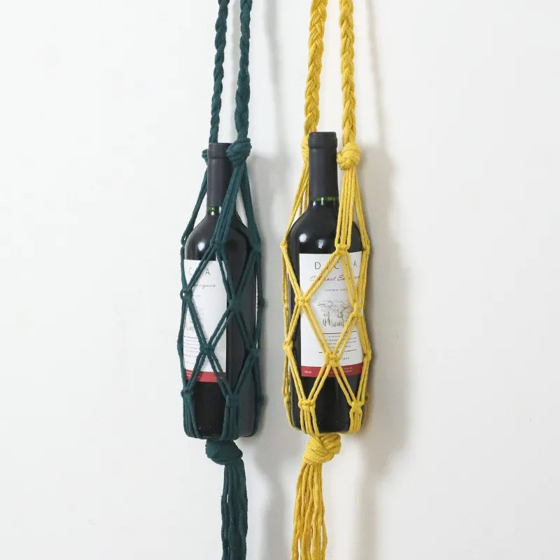 Knotted Macrame Wine Bottle Holder Boho Bottle Bag Wine Hanging Bottles Woven Rope Net Pocket Wine Bags