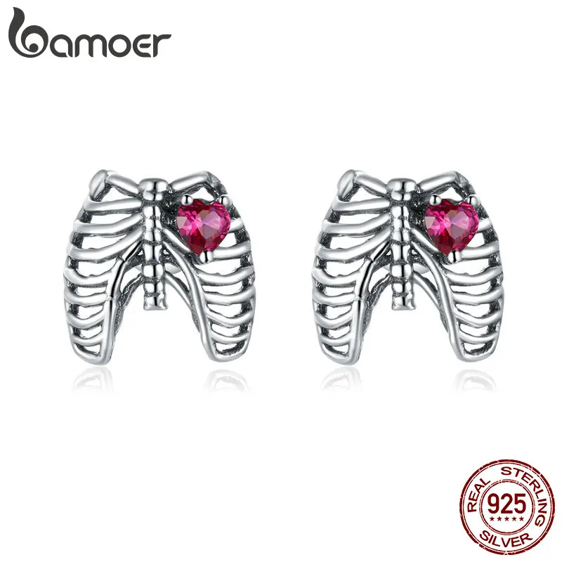 BAMOER Geometry Earrings 925 Sterling Silver Pink Heart Zircon Rib Stud Earrings for Women Cool Halloween Fashion Jewelry