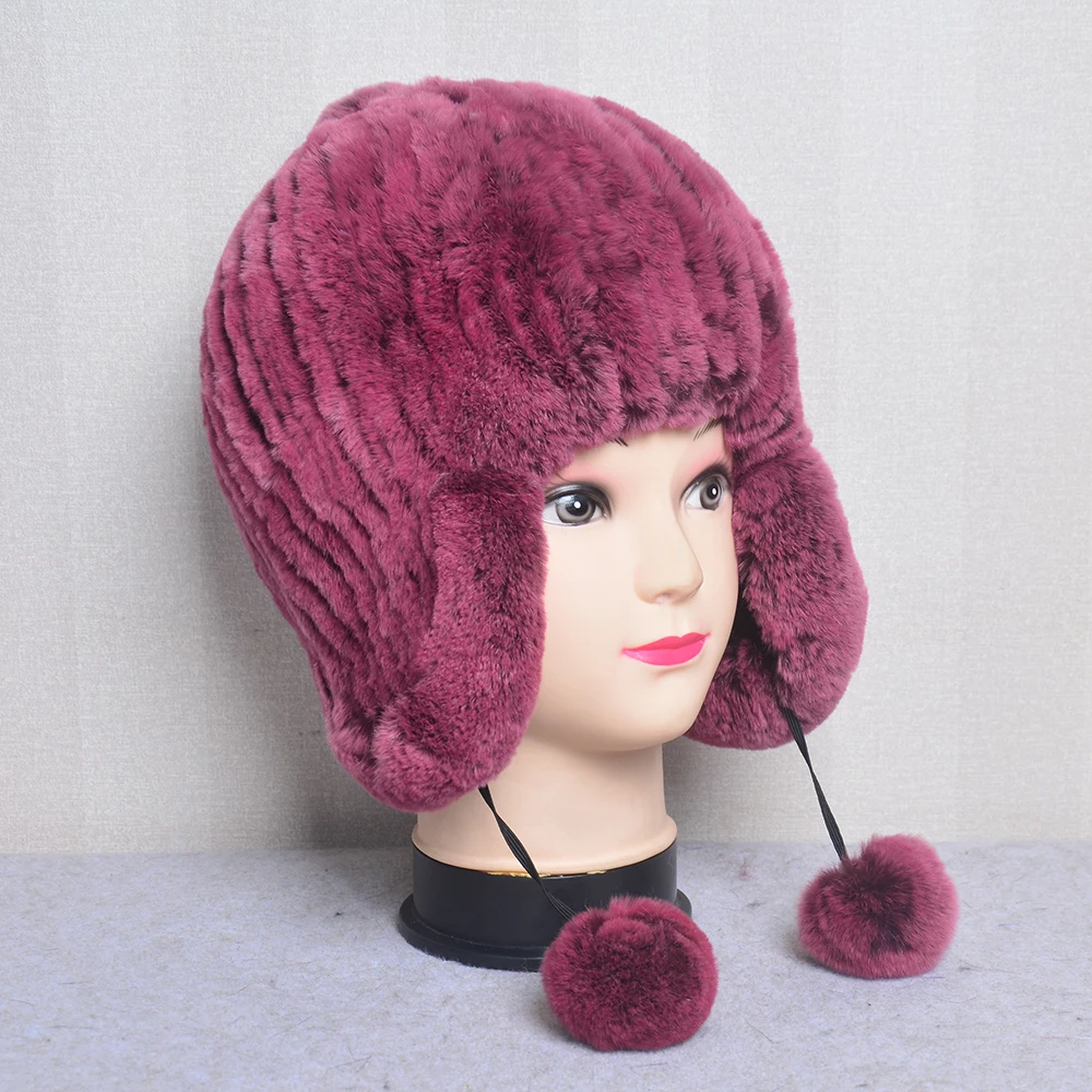 Winter Hats For Girls Luxury Women Winter Warm Fur Hat Real Rex Rabbit Cap Striped Knitted Hat With Balls Skulls Beanies