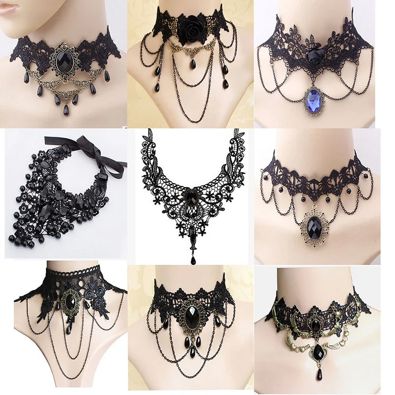 Halloween Sexy Gothic Chokers Crystal Black Lace Hals Collares Choker Ketting Vintage Victoriaanse Steampunk Sieraden