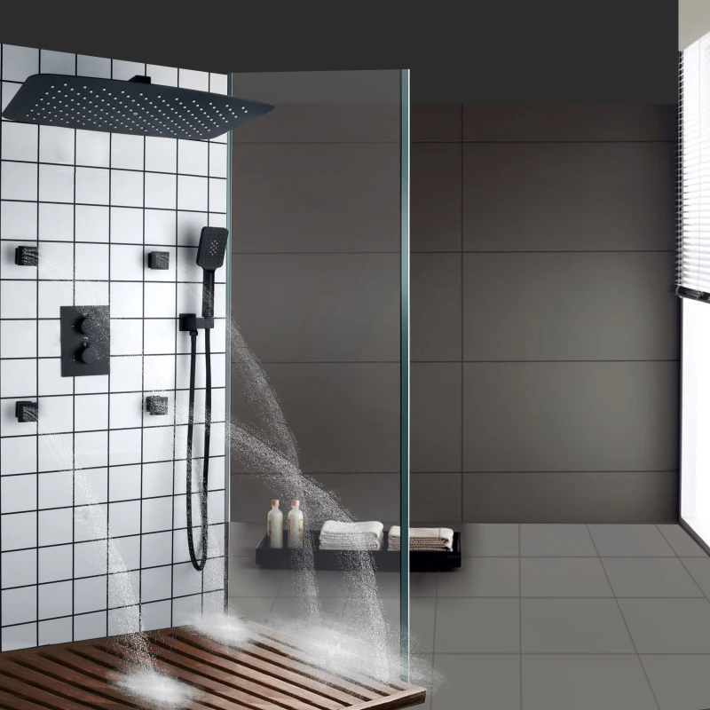 Matte Black Shower Faucet Set 55X35 CM Bathroom Hot And Cold Rainfall Shower Head With Three-Function Hand Shower