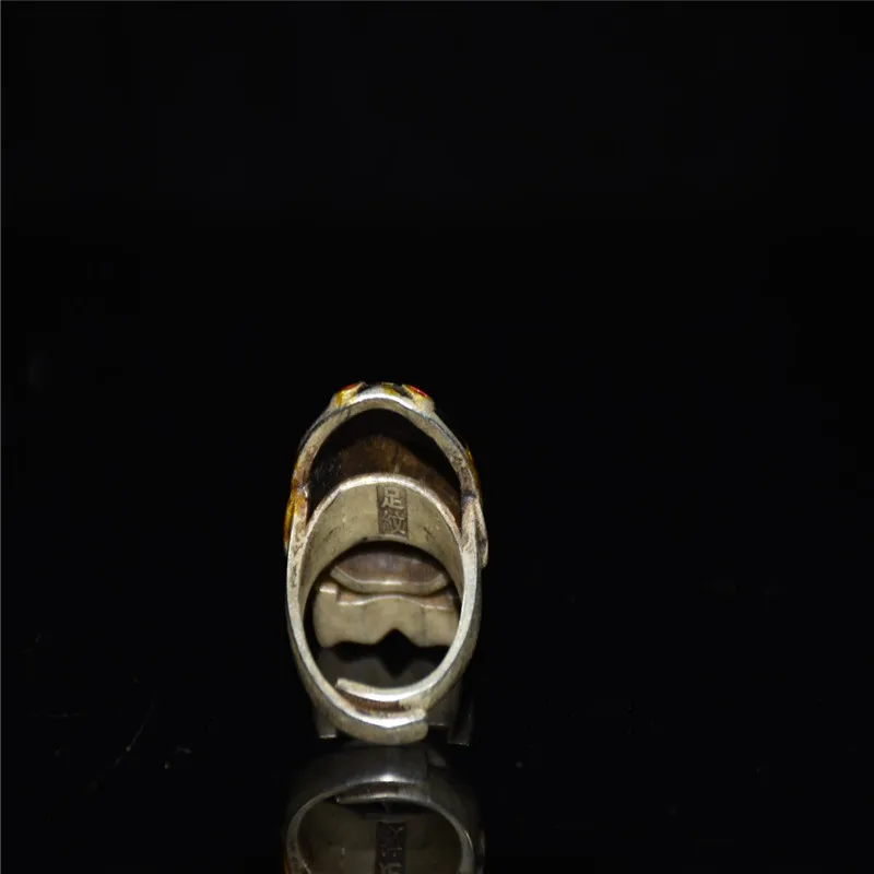 China Old Tibetan Silver Gold Fish Inlaid Ring