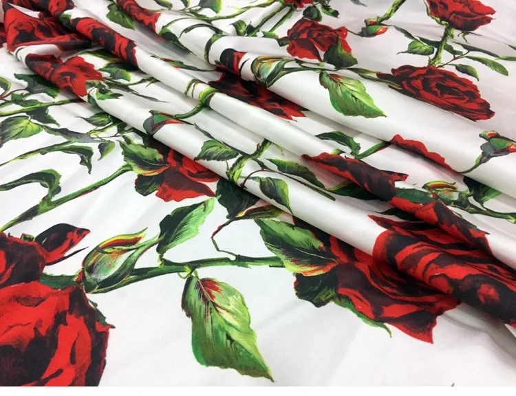 Europe and America Red Rose Flower Printed Imitate Silk Satin Or Chiffon Fabric For Woman Dress Blouse DIY Cloth Sewing