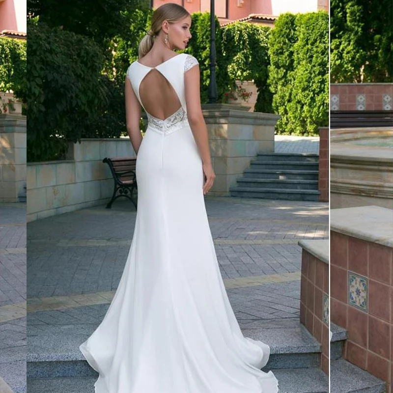 Vestido de novia de satén con escote en V profundo, elegante, manga corta, largo, sencillo, personalizado, Mad, 2021