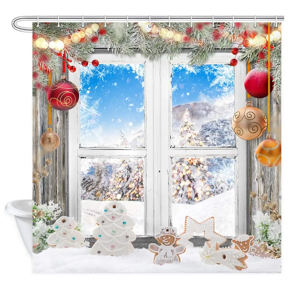 Christmas Gingerbread Man in Snow Shower Curtains Colorful Xmas Balls in Pine Twig Fir Tree on Rustc Wooden Window