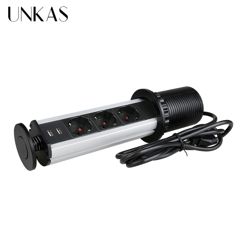 UNKAS 13A PULL POP UP 3 Italy / Chile Plug Socket Dual USB Charge Port Kitchen Table Desktop Outlet Silver Black Aluminum Body