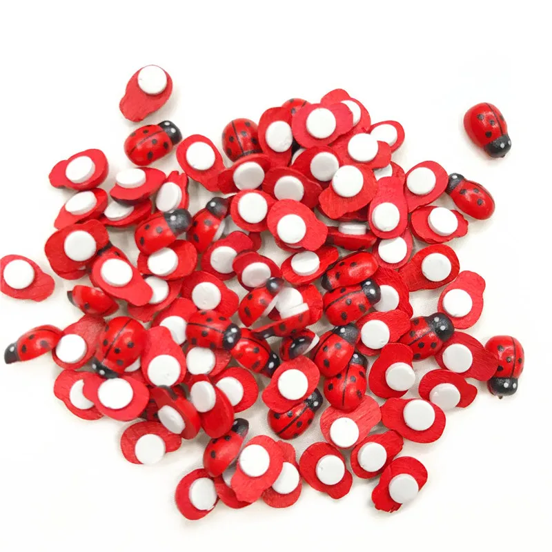 100Pcs Mini Ladybugs Wood Craft Ladybugs Self-adhesive Mini Refrigerator Paste Scrapbook Decoration Home Office Decor