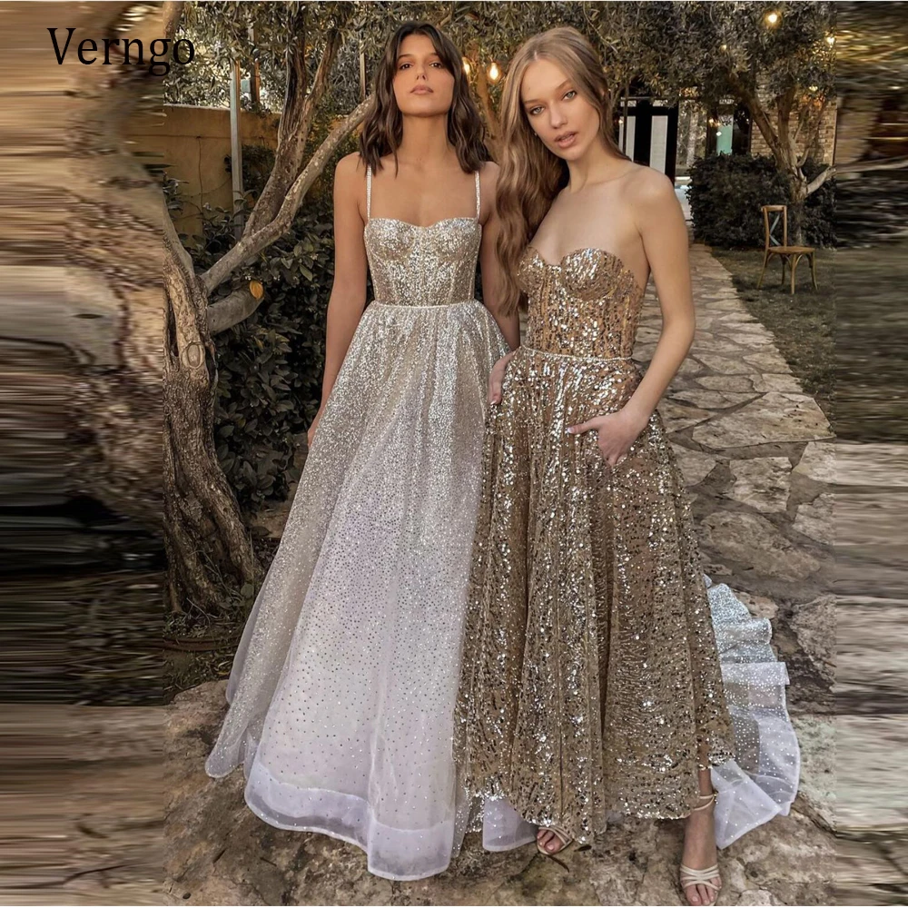 Verngo 2023 Sparkly Gold Sequins A Line Long Evening Dresses Spaghetti Strap Sweetheart Ankle Length Formal Prom Gown Customized