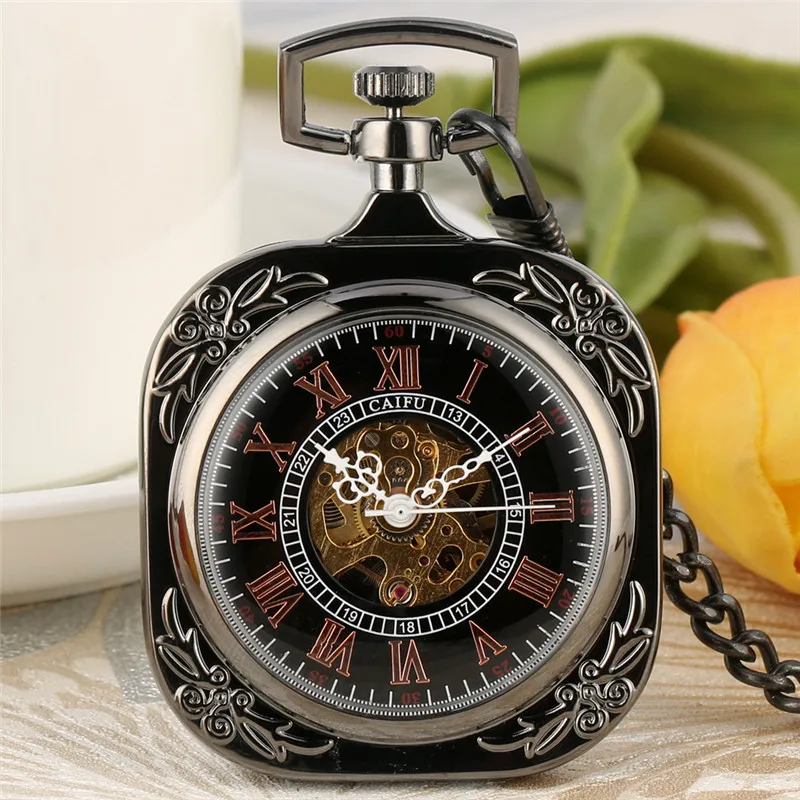 

Classic Men Women Hand-winding Mechanical Skeleton Pocket Watch Roman Number Display Square Case with Pendant Chain Gift