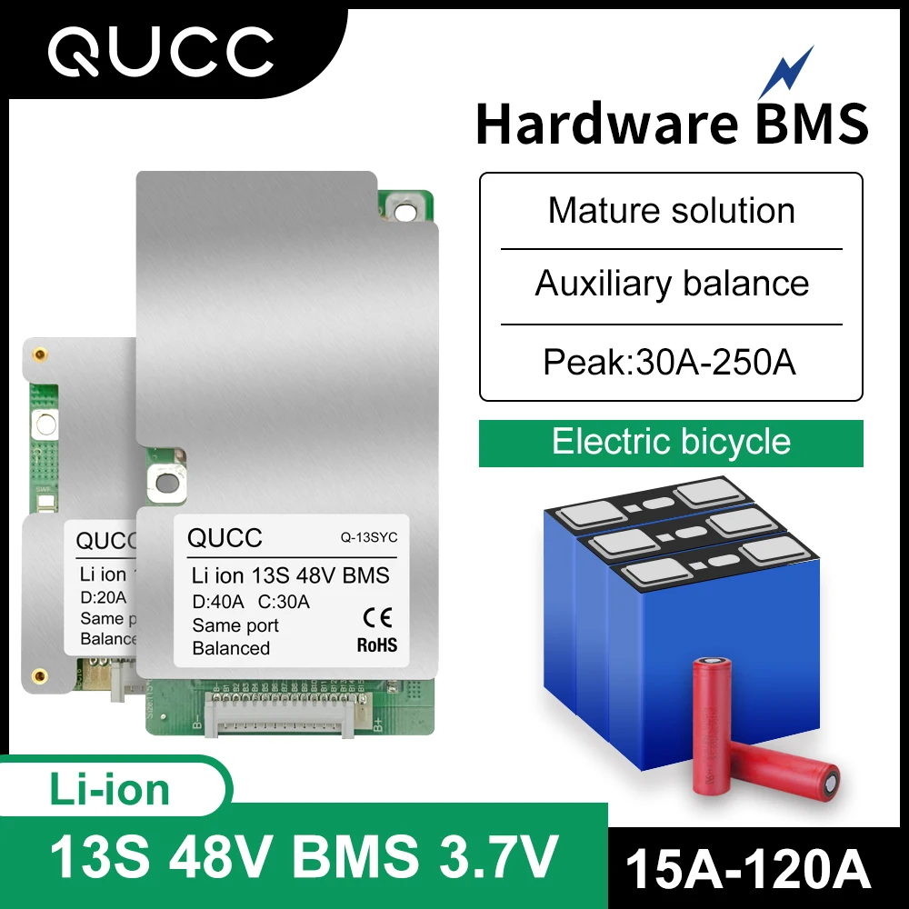 Qucc BMS 13S 48V 15A 20A 30A 40A 50A 60A100A 120A 18650 Balancer PCB Lithium Battery Protection Board for Electric Vehicle Ebike