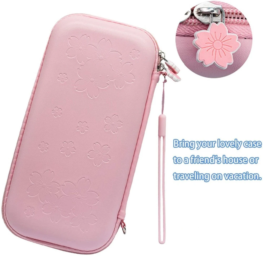 8 in 1 NS Switch LITE Console Accessories Kit Pink Sakura PU Carry Pouch Case With Screen Protector