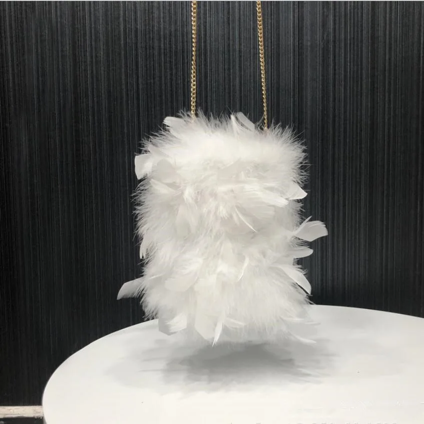 Womens Luxury Real Ostrich Feather Bag Purse Coin Bag Evening Fluffy White Crossbody Bag