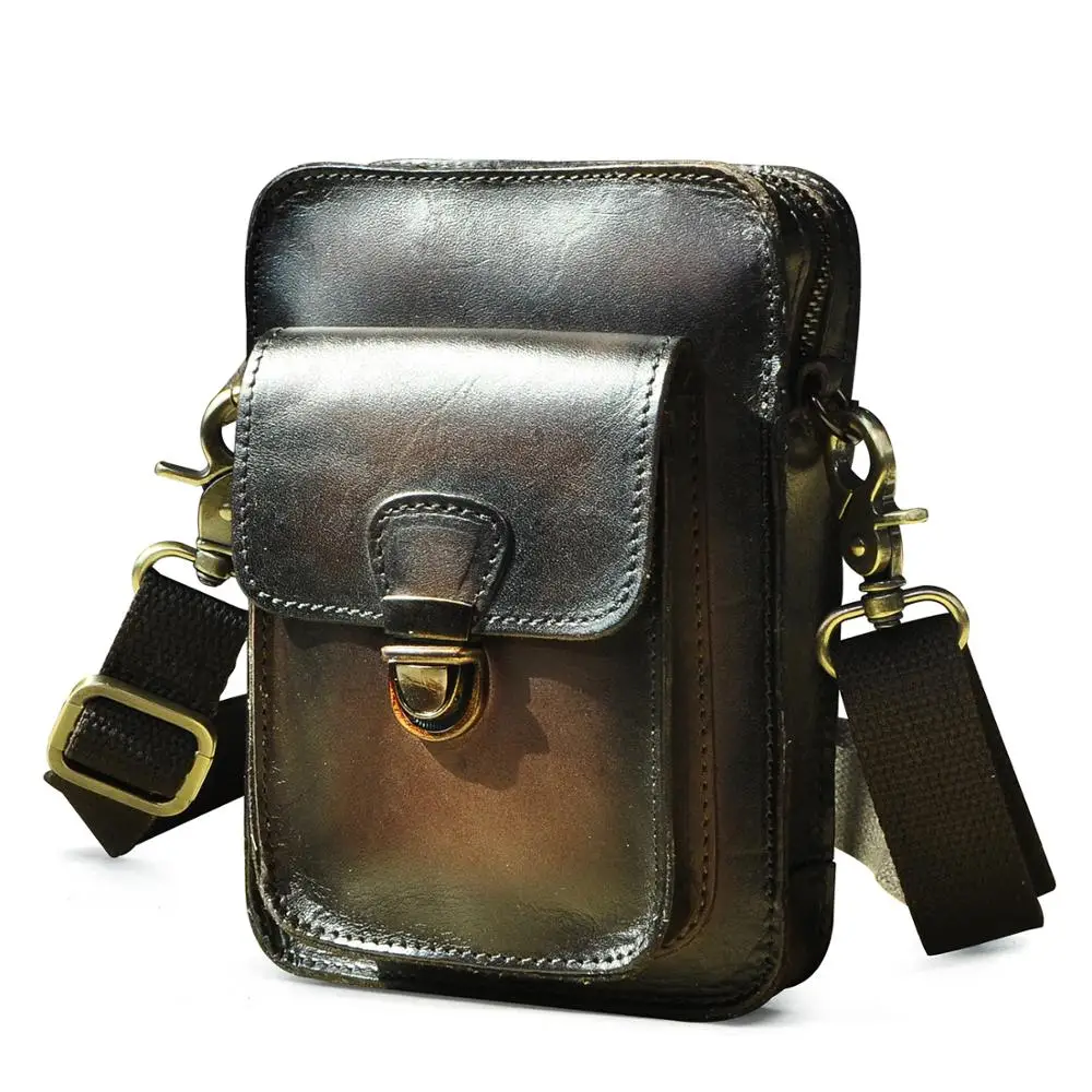 Genuine Leather Men Multi-function Design Small Messenger Bag Fashion Fanny Waist Belt Bag 6\