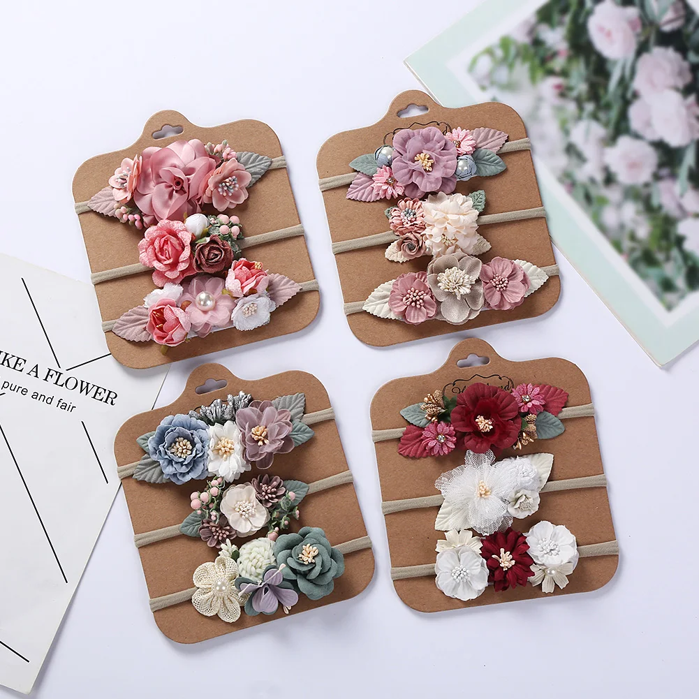 3 sztuk/partia sztuczny kwiat opaska dla dziecka noworodek chłopiec dziewczyna perła elastyczna nylonowa opaska do włosów dziecko fotografia rekwizyty Headwraps