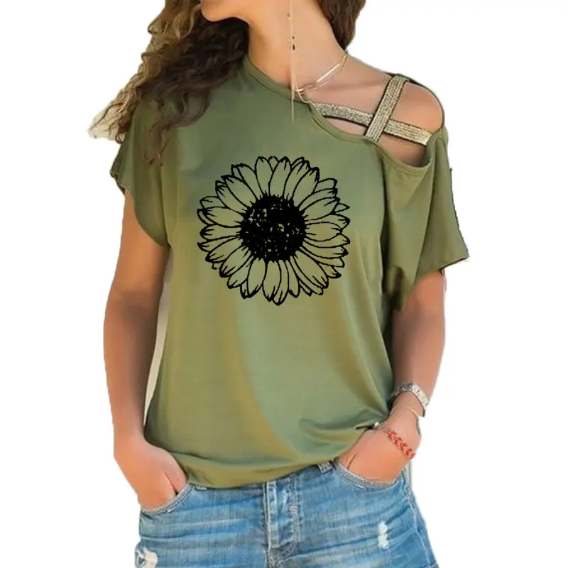 New Creative Chrysanthemum Inspirational Letter girl T Shirt Women Short Sleeve T-shirt Irregular Skew Cross Bandage Tee Tops