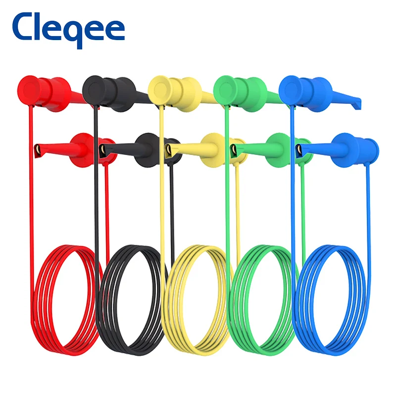 Cleqee p1520 5 peças duplo smd ic gancho de teste clipe cabo de silicone 20awg multímetro multiuso fio de teste elétrico 50cm