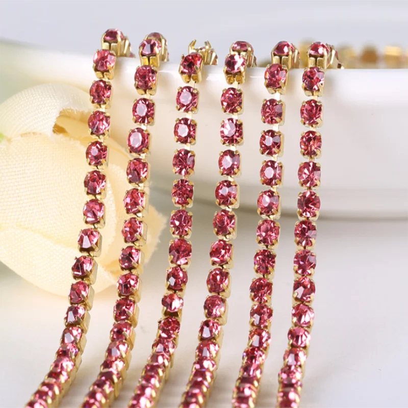 All colours 10Yards  DIY Rhinestone Chain Dense Gold bottom sewing Rhinestones for clothing Art Decoration