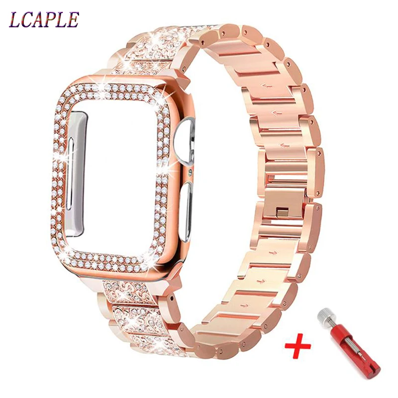 Diamond Case+strap For apple watch band 45mm 41mm 44mm 40mm 42mm 38mm Stainless Steel bracelet correa cover iwatch 5 4 3 SE 6 7