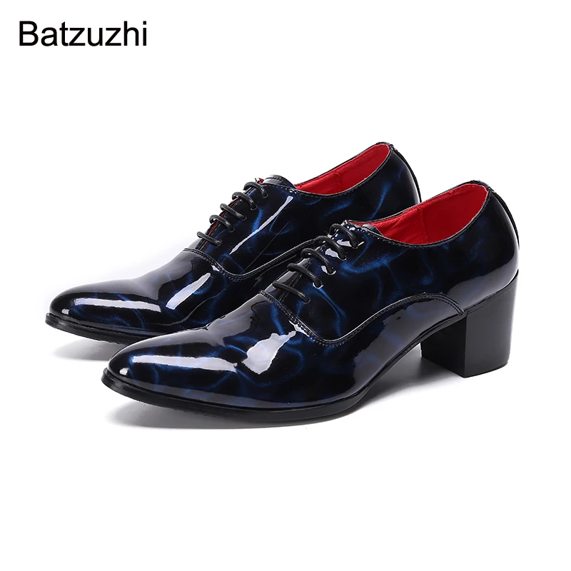 Batzuzhi Japanese Type Men Shoes Pointed Toe Blue/Red Leather Dress Shes Men Lace-up Formal Business, Party and Wedding Footwear