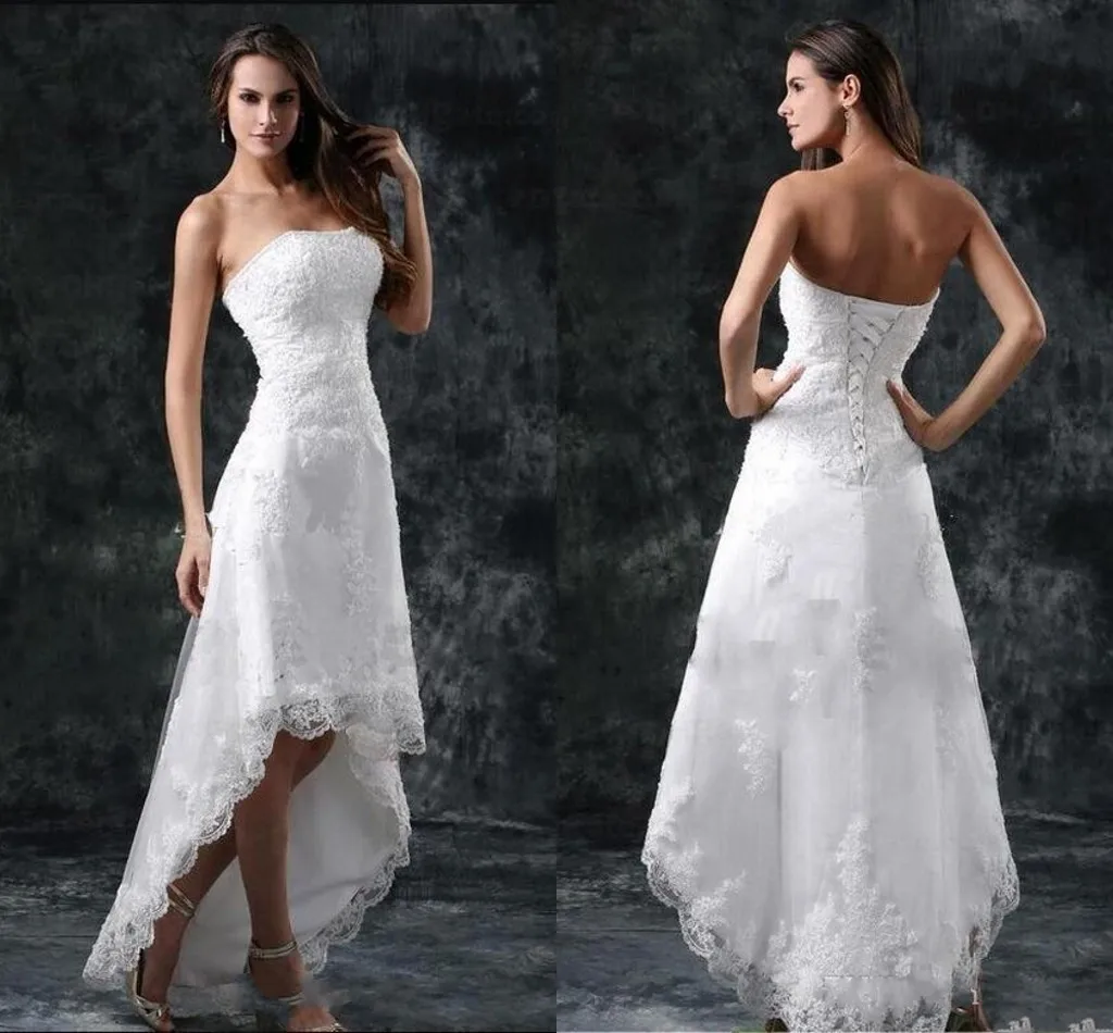 

Wedding Dresses Sexy Strapless Appliques Lace High Low Little White Ivory Summer Beach Short Bridal Gowns Robe Mariage