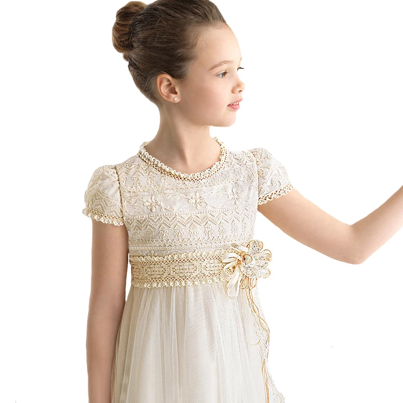 Robe à fleurs en dentelle beige pour filles, manches courtes, bijou, fête d'anniversaire formelle, communion, enfants, adolescents, âge 2-12 ans