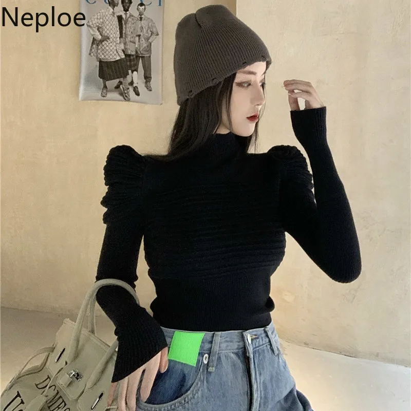 Neploe Fashion Pleated Sweaters for Women Elegant Puff Sleeve White Slim Tops Korean Turtleneck Sweater Jumper Fall Clothes