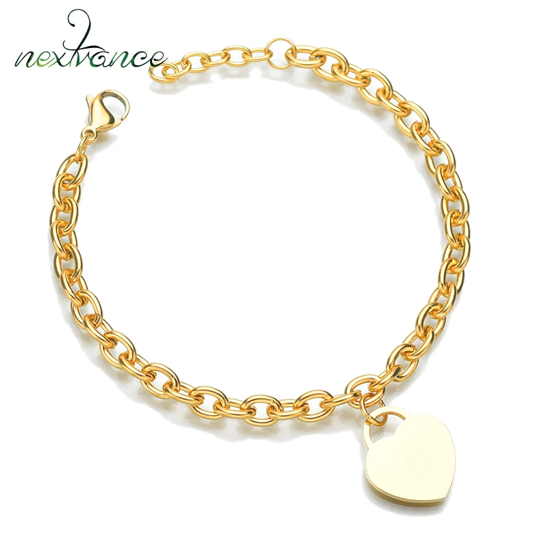 Nextvance Personalized Heart Couple Bracelets for Women Men Stainless Steel DIY Engraved Name Chain Link Bracelets Dropship