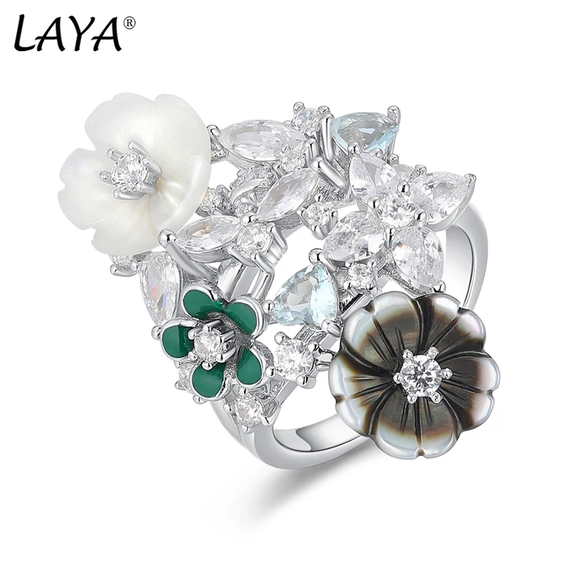 Laya High Quality Zircon Natural Shell Flower Ring For Women 925 Sterling Silver Luxury Original Modern Jewelry 2022 Trend