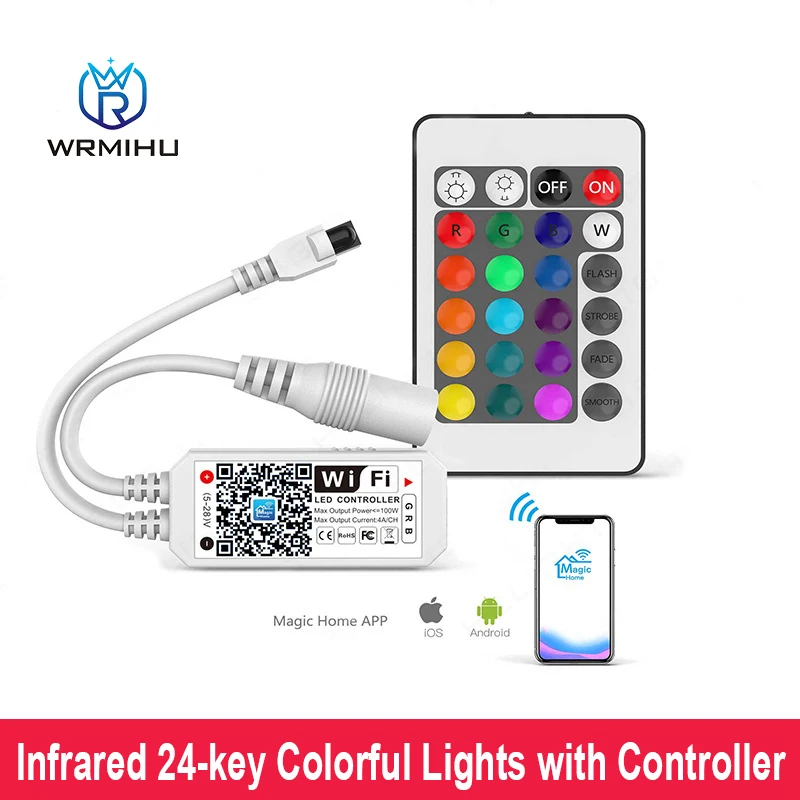 DC12V SM5050 30/60leds/m 5m IP65 Waterproof Light With Colorful 24 Key IR Wifi Controller Remote Control Power Supply Set