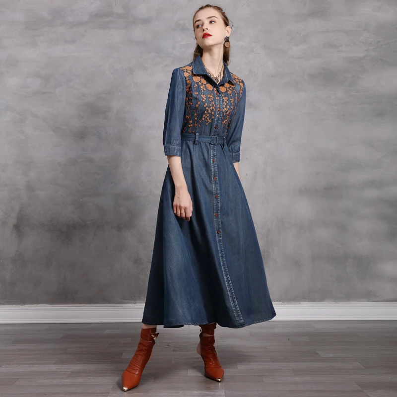 Kleid Für Frauen 2020 Yuzi. kann Boho Neue Denim Frauen Kleider drehen-unten Kragen Hohe Taille Einreiher Vestido Feminino A82259