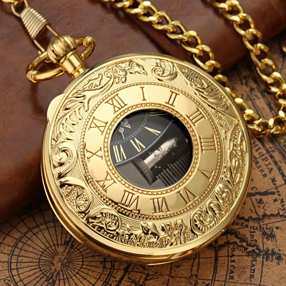 Golden Male Music Pocket Watch Retro Roman Numeral Dial Pocket Watch Wonderful Swan Lake Music Thick Chain Pendant New Year Gift