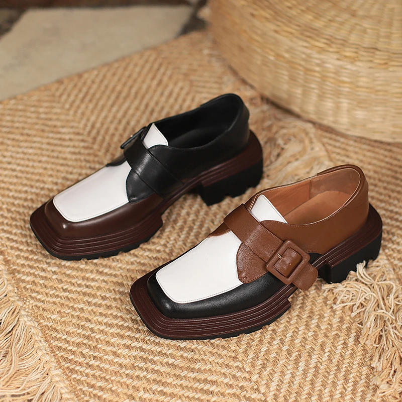 Mixed Colors Women Shoes 2021 New Genuine Leather Shoes Woman Heels Working Thick Botton Square Toe Women Shoes Shoes for Women