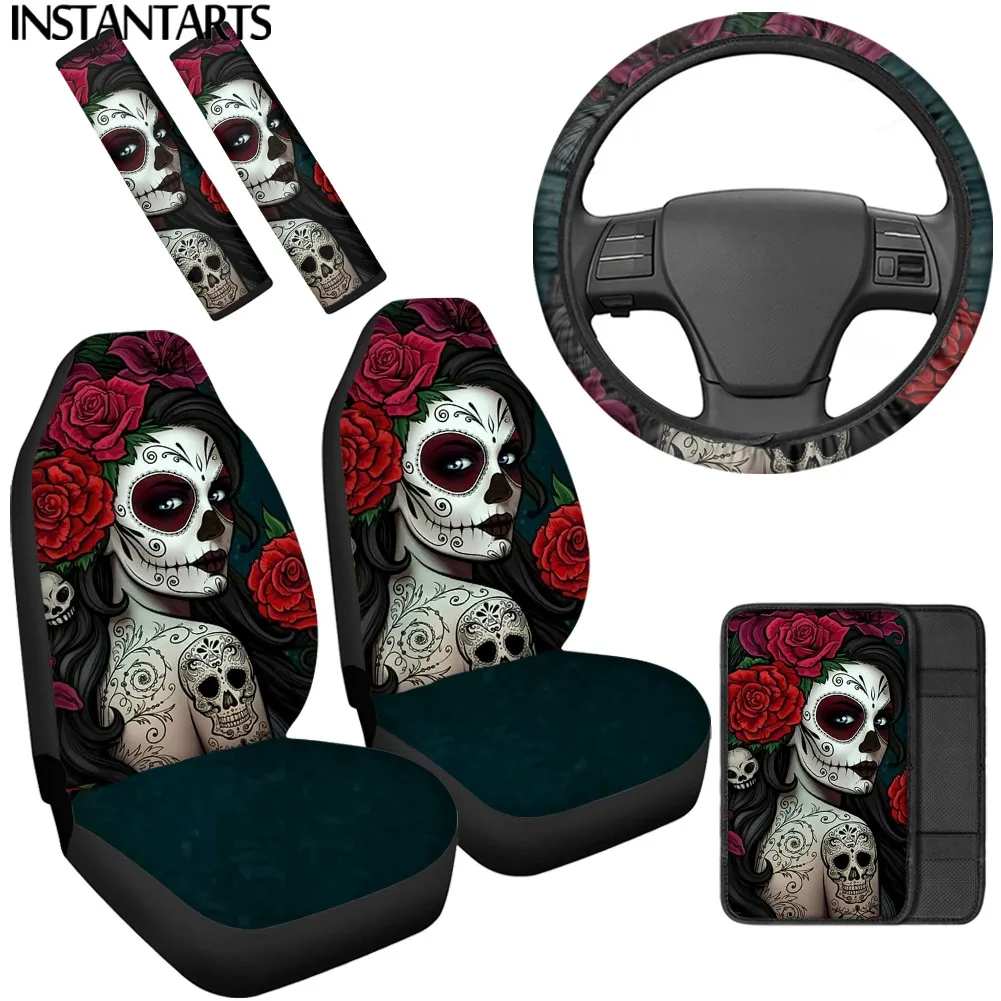 

INSTANTARTS Day of the Dead Sugar Skull Print Durable Seat Covers Steering Wheel Cover Seatbelt Cover Anti-Slip Car Center Cover