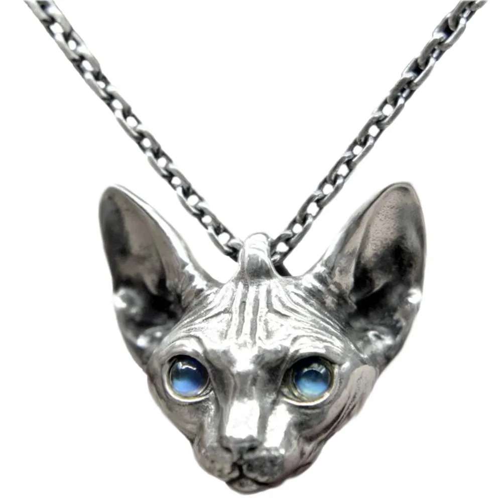 

New solid pure 925 silver cat pendant for woman moonstone eyes hairless cat couple pendant original silver creative gift