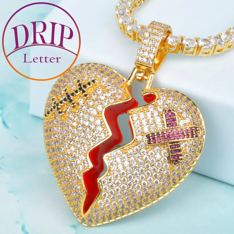 Drip Letter Broken Heart Pendant Gold Color Plated Necklace for Men Hip Hop Rock Street Fashion Jewelry 2022 Trend