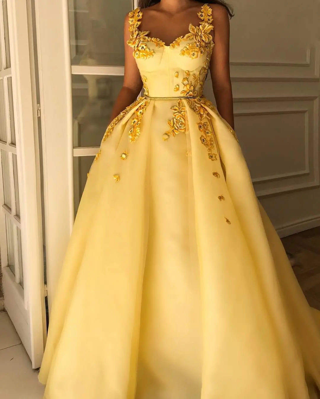 Light Yellow Prom Dresses Sweetheart Flowers Straps Long Elegant Evening Gown Formal Dress Vestidos De Diesta Custom Made 216