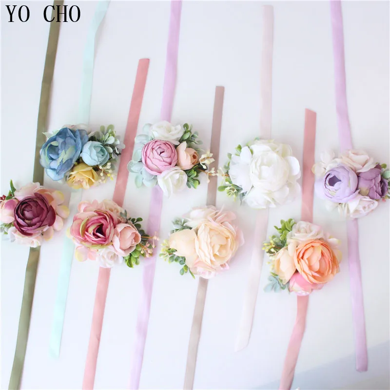 YO CHO Wrist Corsages Artificial Silk Rose Flower Men Boutonniere Bride Wedding Wrist Corsage Girl Bracelet Flower Groom Brooch