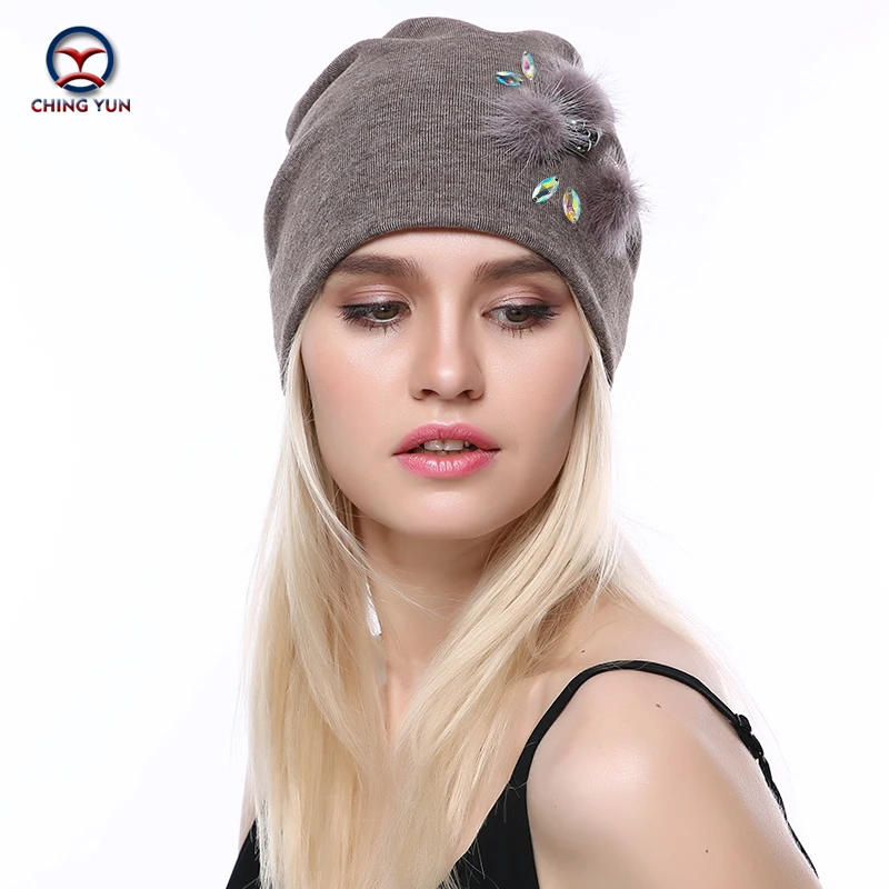 CHINGYUN 2019new Cashmere knit hat soft Winter Warm High Quality Female Solid Color Knitted Hat exquisite real plush decoration