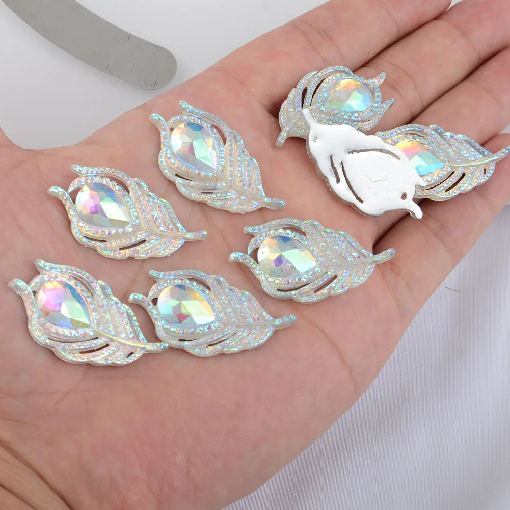 BOLIAO DIY 10Pcs 20*38mm( 0.79*1.5in ) AB Color Peacock Leaf Resin Shining White Rhinestone Flatback No Hole Home Decor Crafts