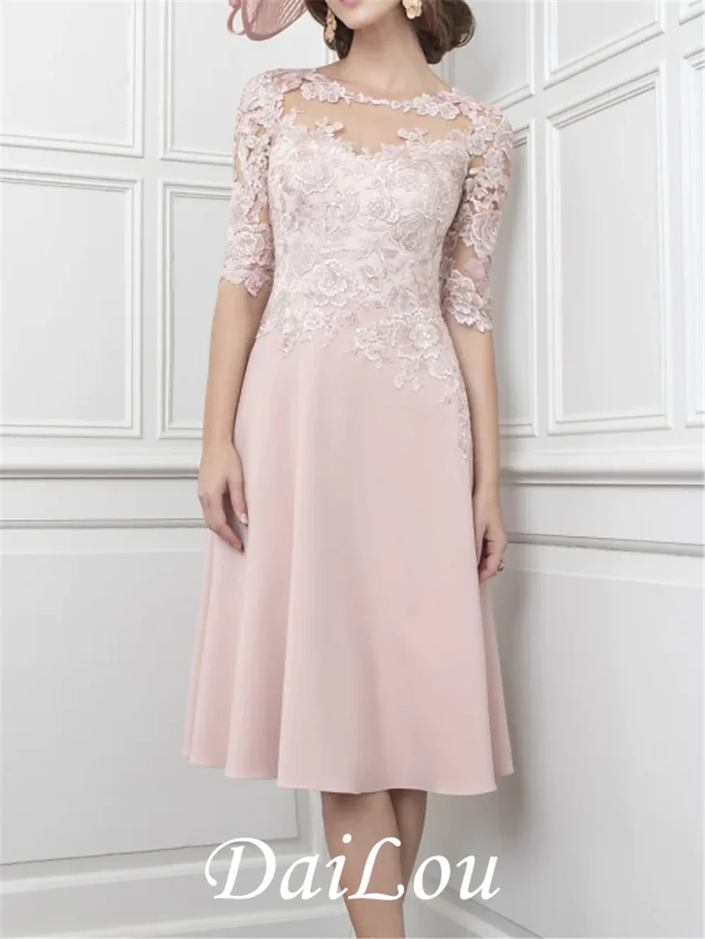 

ТРАПЕЦИЕВИДНОЕ ПЛАТЬЕ для матери невесты, элегантное шифоновое кружевное платье до колена с иллюзионным воротником и рукавом до локтя, модель 2021