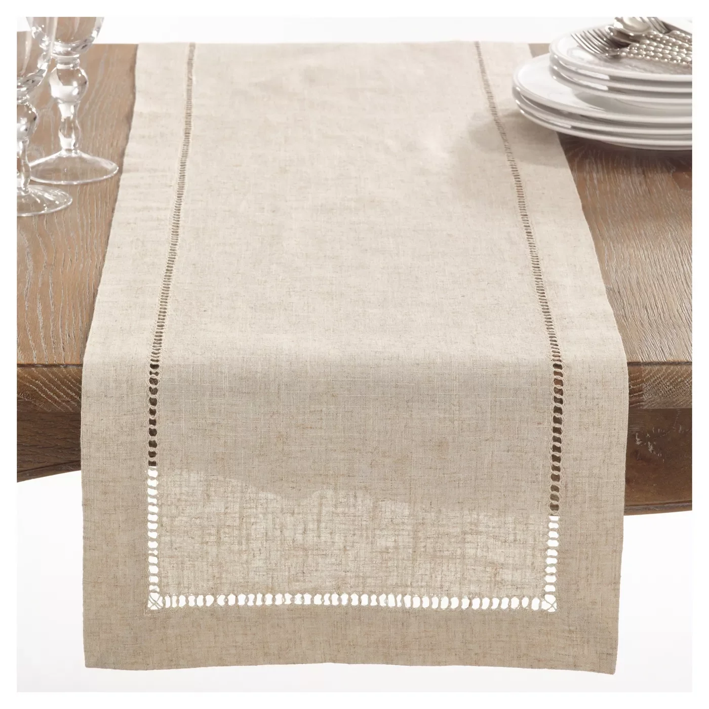 

Camellia Casa]Classic Hemstitch Table Runner,Specially Treated Polyester,Linen Look & Washable Nature/White Color