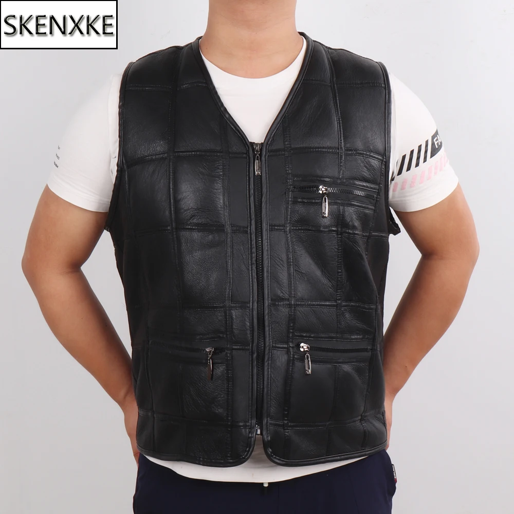 Male Winter Thick Warm Genuine Sheepskin Leather Vests Casual Men Natural Sheepskin Leather Gilets New Fashion Real Leather Vest