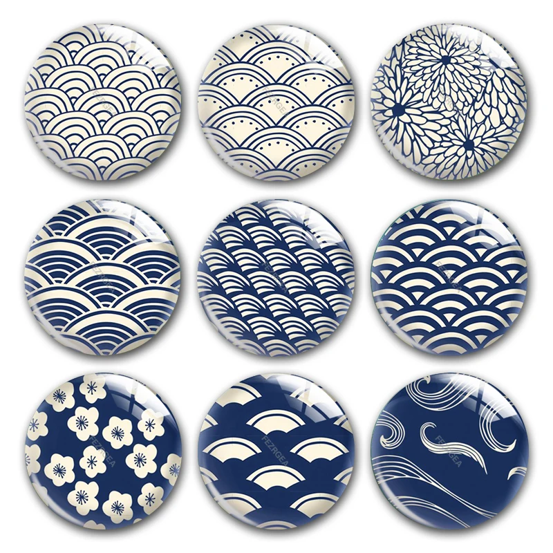 Handmade Japanese Style Pattern Wave White Blue Round Photo Glass Cabochons Demo Flat Back For Diy Jewlery Making Findings