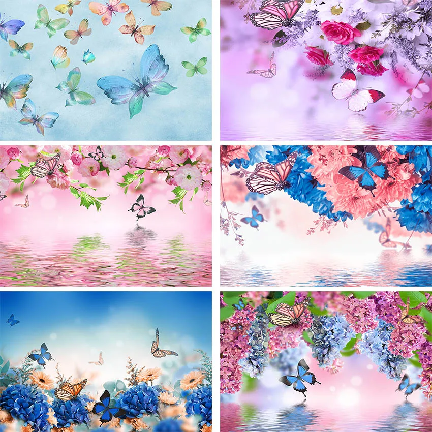 Mehofond Baby Shower Background For Photography Butterfly Pink Blue Flowers Water Surface Girl Birthday Backdrop Photozone Props